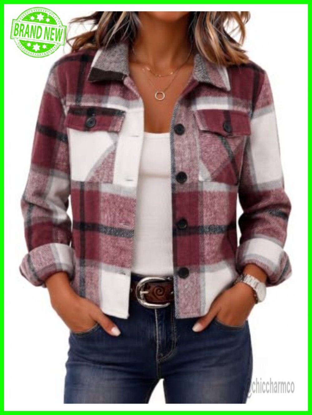 Cropped Plaid Flannel Shacket Button Down Loose Fit Fall Jacket